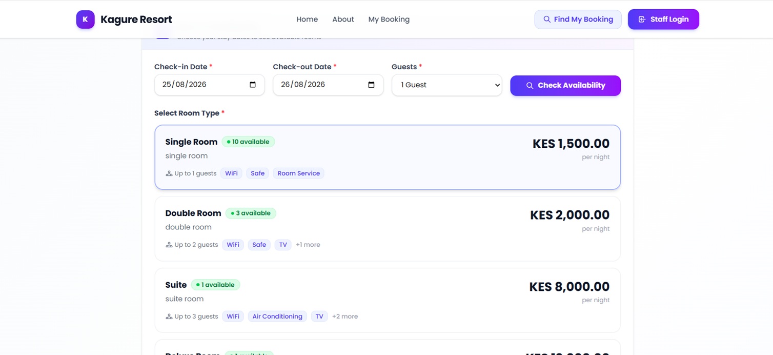 Hotel room booking and availability selection screen