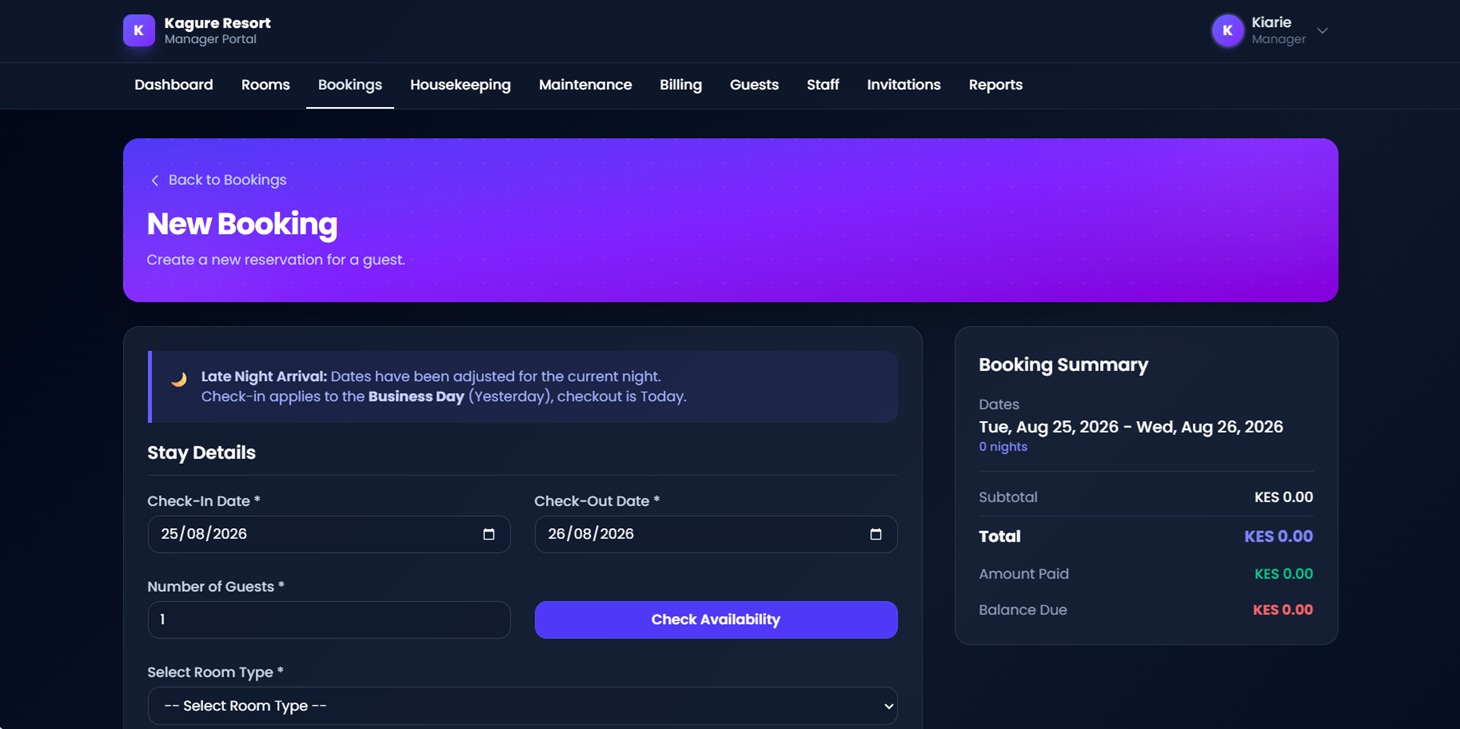 New booking entry screen for front desk hotel staff