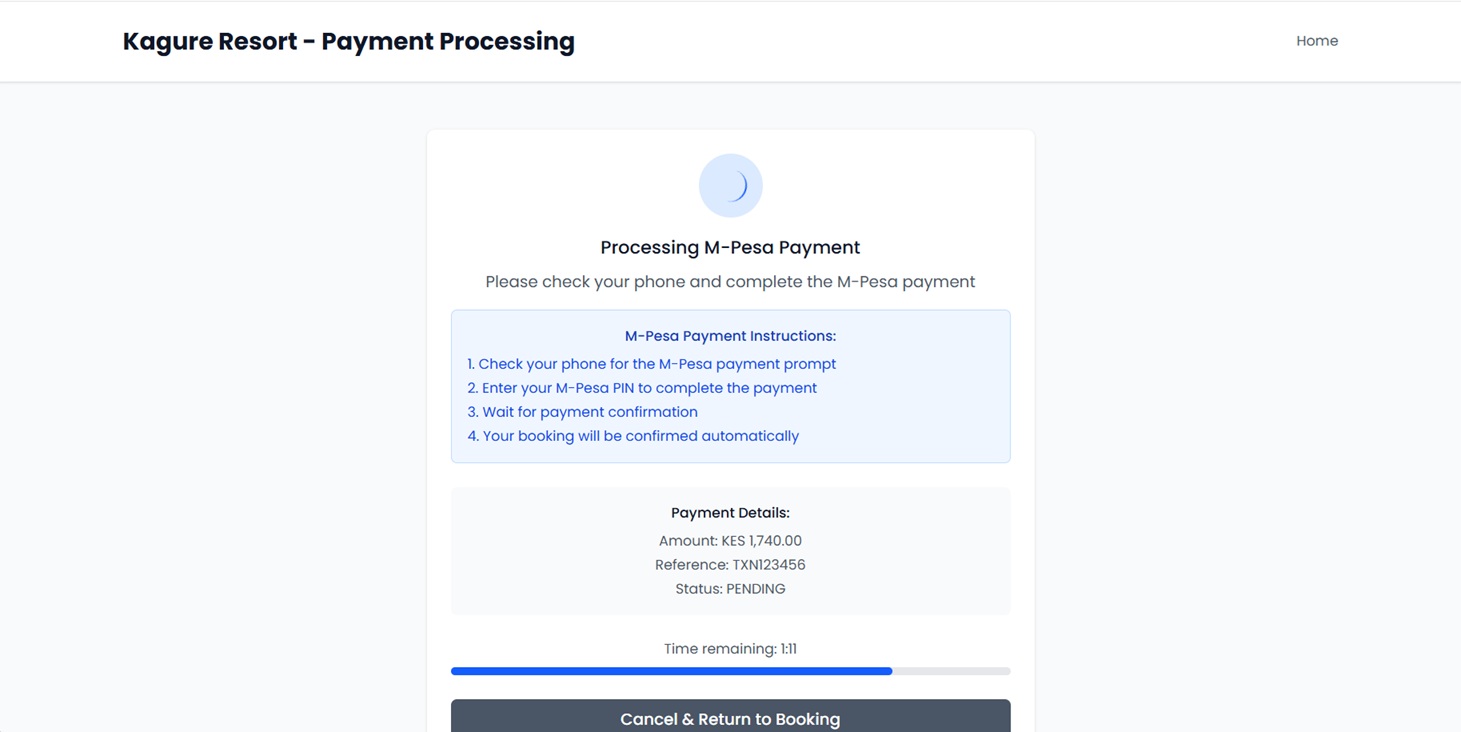 Hotel payment confirmation showing M-Pesa and card payment options